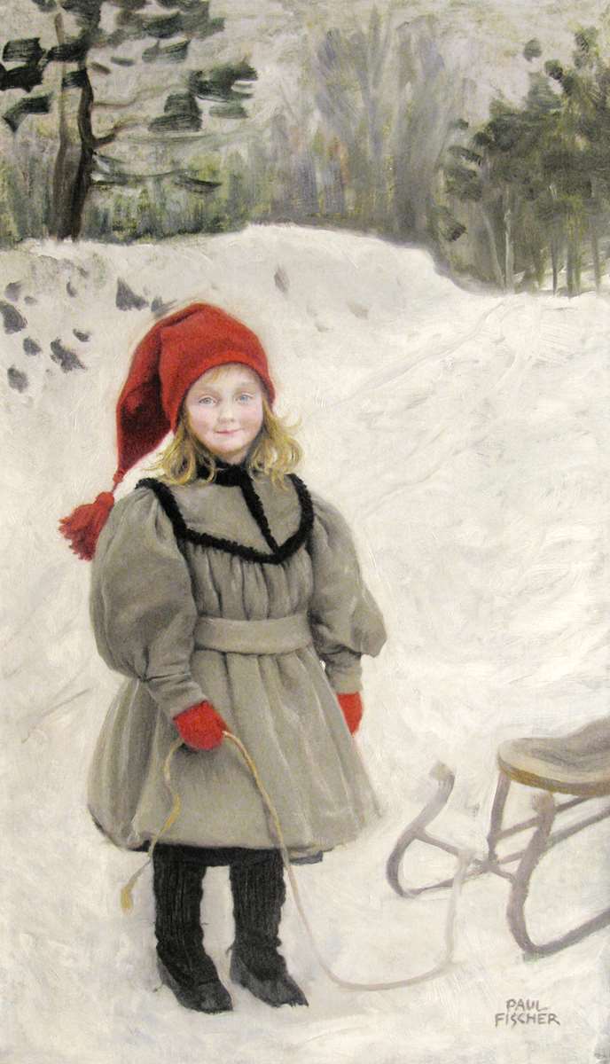 Winter day with the painter’s daughter Ely with a sledge and a large red knitted cap